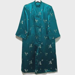 Vintage Asian Floral Print Silk Teal Jade Emerald Green Kimono Robe size 38